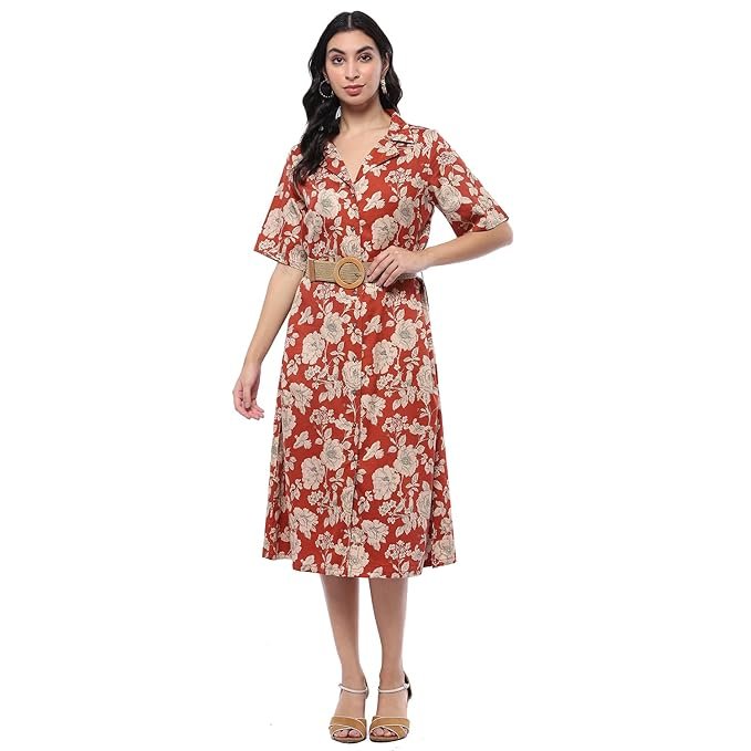 BIBA Women Cotton Fit and Flare Below The Knee Formal Dress